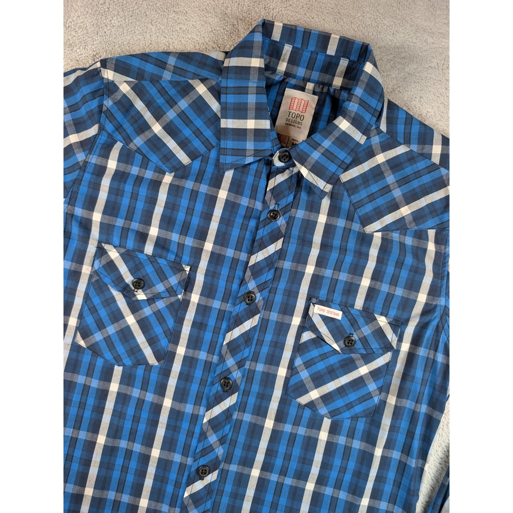 Topo Designs Mens Western Shirt Blue Plaid Long Sleeve Button Down Made in USA M